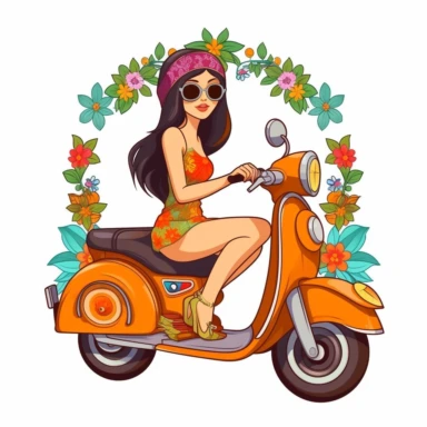 hippie woman sitting on a retro VESPA clipart in a vector digital art retro style,white background,flat color