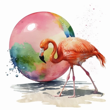 flamingo playing with beach ball watercolor clip art