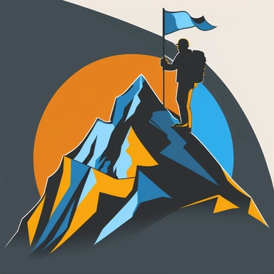 extremely simple clipart vector image of a business man planting a flag on a mountain's summit sticker, PowerPoint, Adobe Illustrator, corporate clip art for a presentation, dark blue and light blue and yellow-orange mood
