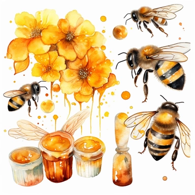 Watercolor Honeybee Clipart Bundle.Everything is full of colourful flowers with green,red,yellow.Summer Clipart. Watercolor flower digital Graphics. Honey Bees, Honey Jar, Honey Drips.watercolor honey bee Clipart. Spring Garden honey dripping from honeycomb. Fantasy,white background. Black and white ink. solution HD : : ultrarealistic,Leica M6 camera with a Leica 50mm f/2 Summicron lens Fujifilm Pro 400H, set the ISO to 400, shutter speed to 1/125, and aperture to f/2.0, colored film,1/1000.The 