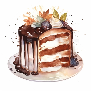 watercolour chocolate cake with cream and decoration, clipart on white background, no watermark, highly detailed, professional color gradation, clean sharpness