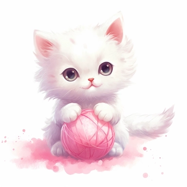 kawaii white kitten playing with a pink whool ball,dusty pink palette, super cute, so adorable that is breaks your heart, full body, watercolor clipart, isolated on white background, cute-core