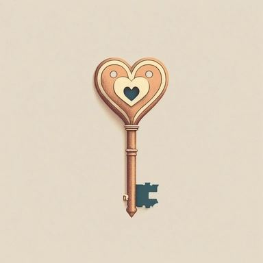 A minimalist, cute vintage key design with a heart shape, designed as high-resolution clipart with a white background