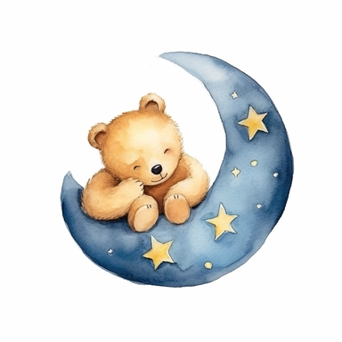 childrens illustration of Sleeping baby teddy bear resting on curve of crescent moon. White background. Surrounded by 5 stars. Minimal. Cupcake Delight colours. Nursey. Soft Watercolour Style. Clipart