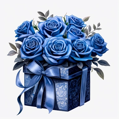Dark fantasy Blue Roses Gift Box Clipart, Watercolor, hyper realistic, intricate detail, illustration style, high resolution, on the white background