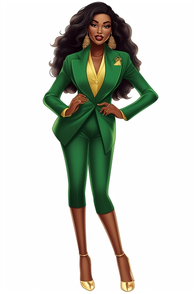 Cartoon Black Skin African American Clipart Plus size Beautiful Rich Woman Wearing green suit wearing gold jewelry having beautiful face long eyelashes and beautiful lips beautiful long hair confident confident wearing high heels