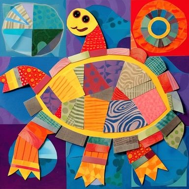 A collage of a turtle clipart with a simple and cute design, made of cut-out paper shapes in different patterns and textures. The turtle has a round body, a small head, four legs, and a curved tail. Its shell is decorated with various geometric shapes in contrasting colors. The background is a plain white paper, creating a stark contrast with the turtle’s colorful appearance. The collage has a fun and creative style, with an inventive use of materials and shapes. The perspective is frontal, crea