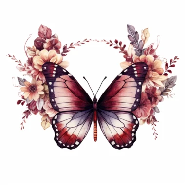 maroon butterfly on a flower border clipart, white background, watercolor, vector