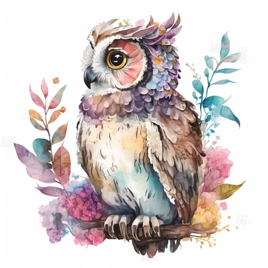 watercolor cute cartoon fantasy owl defined edges Floral Clipart pastel color white background
