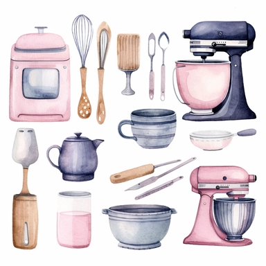basic watercolor baking equipment in minimal hand drawn style, Etsy, textured, clipart, white background