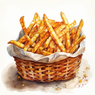 A captivating watercolor, hyper - realistic clipart image with a white background and white margins, portraying a basket of crinkle - cut fries. The ultra - detailed, hand - drawn elements capture the distinct crinkle shape and texture of the fries. Use bold shades of yellow and brown to create a visually enticing image that showcases the nostalgic appeal of this childhood favorite