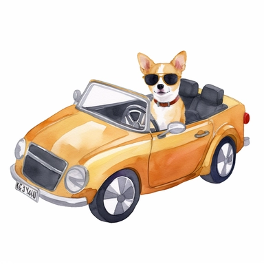 Watercolor clipart illustration of a cute dog driving a convertible sports car and wearing sunglasses, flat white background PNG