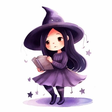 Mona the little witch, a little witch character, reading a book, watercolor children's book illustration style clipart, simple, cute, full colour, purple witch hat, dark purplish hooded dress, black shoes, dark purplish clothes, long black hair, flat colour,