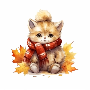 Cute kitty cat wearing a scarf，sitting teddy bear, Watercolor hand drawn style, teddy bear, maple leaf, red maple leaf, yellow maple leaf, 8k, HD, watercolor clipart, With white background for removing, no text on image