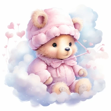 clipart, a whimsical illustration of a contented, loving and angelic baby teddy bear, wearing pajamas and pajamas hat, floating on a cloud, surrendered by pink fluffy clouds, Use a smooth and light watercolor technique to give the artwork a dreamy and ethereal quality
