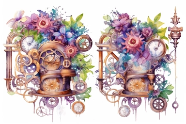 Watercolor, Create a steampunk-inspired floral composition, where wild flowers intertwine with metallic vines and cog-shaped petals, set against a backdrop of antique machinery and steam-powered contraptions., clipart, hd, on a white background, spaced out