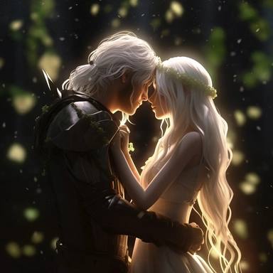 Clipart, cinematic lighting, cute couple of elf lovers, kiss , white hair, green eyes, fantasy background, 8k, darkness& light