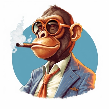 monkey with sunglasses in a suit smoking a big cigare in the style of cartoon character by Gary Larson, clipart