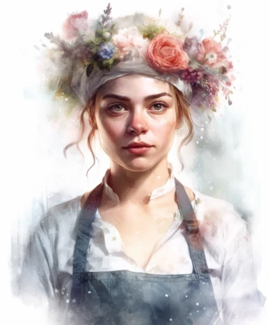 watercolor mixed media portrait of a beautiful and feminine cook in a chef's hat and apron, decorated with roses and summer flowers and magic crystals, lace and embroidery, masterpiece by Carl Holsoe style and by Tom Bagshaw style and Daniel Ridgway Knight, Village fashion, PNG clipart, isolated on white, extreme photorealistic details, 32k HD resolution, realistic high detailization high resolution
