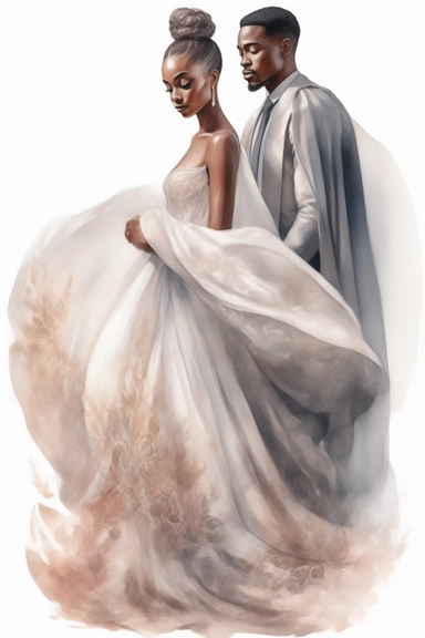 amazing detailed watercolor clipart of a beautiful black woman bride and groom, the woman with a beautifully detailed Heavenly draping baroque-inspired haute couture gown on a beautiful young woman stunning seraphim posing a classical fashion setting and