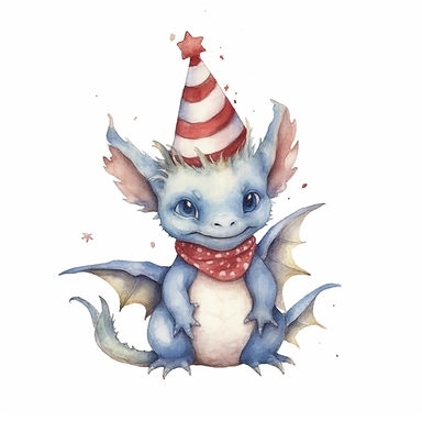 Cute happy Watercolor USA Baby Dragon Clipart, on a white background--s 1000