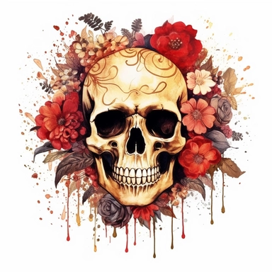 Black red and Gold Floral Skull Sublimation, Clipart, watercolor Illustration clipart, 4K, extremely detailed, isolated on white background