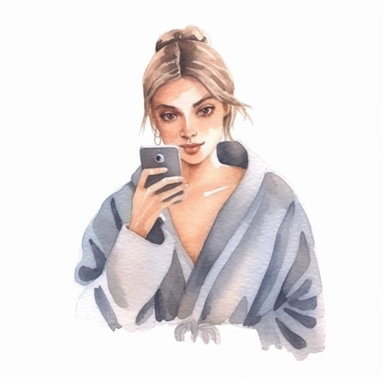 a feminine minimal watercolor sticker of a woman taking a selfie in a bathrobe. Watercolor. Clipart. Neutral color palette. White background. Artistic illustration. Minimal. Texture Paper. Hand-drawn.