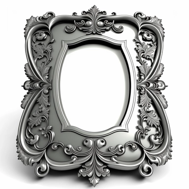 A single vintage silver frame clipart with a glossy, reflective finish and a rounded rectangular shape. The intricate details of the frame are highlighted by the shine of the silver, creating a modern and sleek look. The background is a soft gray with a subtle texture, adding depth and dimension to the design. [1], [2], [3], [4], photography, Close-up macro photography with a wide-angle lens, creating a shallow depth of field and emphasizing the intricate details of the frame. Shot on a Canon EO