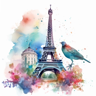 watercolor Paris, france, colorful, eiffel tower, bird, clipart