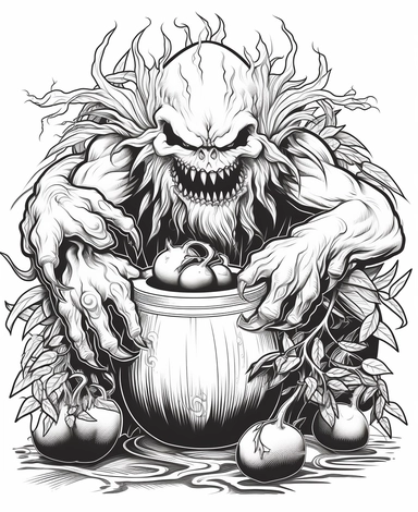 clean black and white coloring page of coconut monster, predator style crisp lines white backgrount no fill, only black marker, low detail vector, clipart,