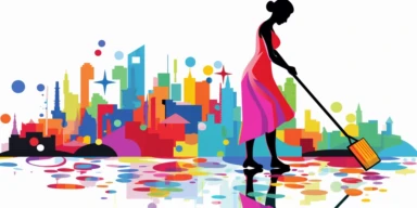 a maid with a mop, cleaning up colorful location data spilled on the floor, location icons are everywhere, clipart, vector graphic, very low detail, in the style of minimalist illustrator, white background