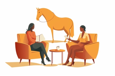 minimalist cartoon of a horse and a middle-aged female human sitting on a couch, with a female human therapist holding a clipboard and pen in her hands sitting on a chair. Cartoon caricature art. photoillustration