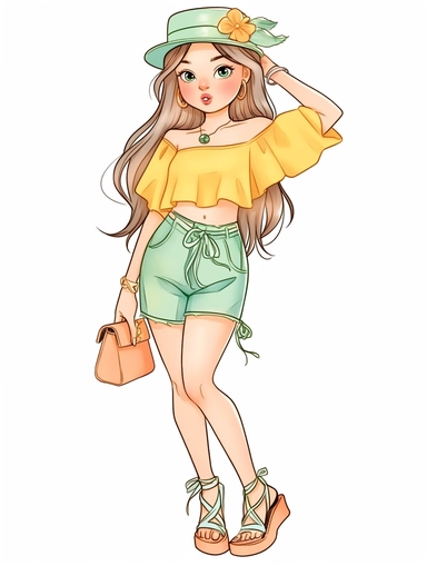 cute summer girl full body drawing, illustration clipart, detailed, black outline, digital art, watercolor,,