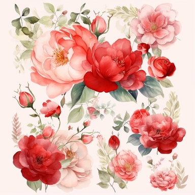 Create a breathtaking collection of ultra-detailed watercolor floral clipart, showcasing the beauty of red and blush flowers in a romantic and elegant style. The clipart should capture the delicate nature of watercolor techniques, highlighting the vibrant hues and soft transitions of each flower. Incorporate a variety of floral elements, with a focus on roses, as they symbolize love and passion. The clipart should be perfect for wedding-themed designs, including wedding invitations, stationery, 