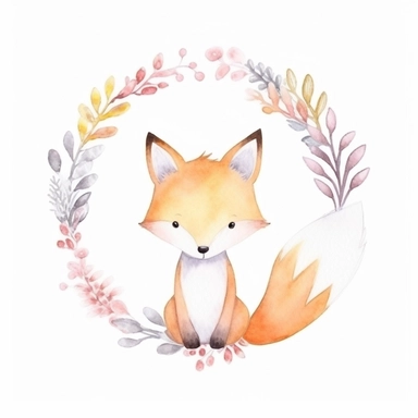 cute fox in a dainty minimalist floral wreath, watercolour, magical, kids art, clipart, isolated white background, 8k