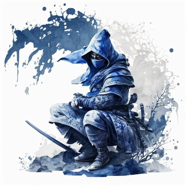beautiful, hyper detailed isolated iillustration of Delft Blue East Asia ninja Clipart, Fantasy Oriental, watercolour, hyper realistic, white background, 8k, hyper realistic