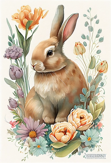 *super cute bunny clipart + watercolor + tulips and spring flowers + detailed and intricate + soft water color + hypermaximalist + elegant + detailed + realistic + illustrated by richard johnson, disney style + winner of the award for best children's book illustrations + full illustration + on white background + 8k