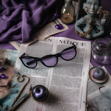 Amethyst Amaris art, astrology reading in the newspaper for aries, fifth house in astrology, neptune, uranus, capricorn, north node in capricorn, news paper clippings textile background with denim, alchemy tools, magnifying glass, allegory, allegory of light, Capo di tutti capi, french japanese, kanji script, photographer David LaChapelle, art dealers, toyen, dada, Alexander Mcqueen, Maison Margiela, John Galliano, ? evil eye bindi tattoo on forehead, ??‍♀️?‍♀️??‍♀️, ??, ??, uncolonized, theme A