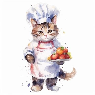 watercolor cat in chef outfit, white background, canvas, clip art