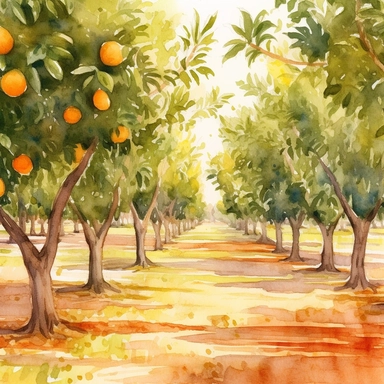 Citrus Grove: Create a watercolor clipart of an expansive orange grove, capturing the rows of trees and the play of light and shadow. Incorporate warm earthy tones and a sense of depth to bring the scene to life.