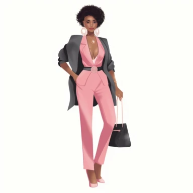 Professional black woman pink pants suit, facing camera, very fashionable, happy, confident, carrying small designer handbag, wearing high heels and bold jewelry. Illustration style, clip art