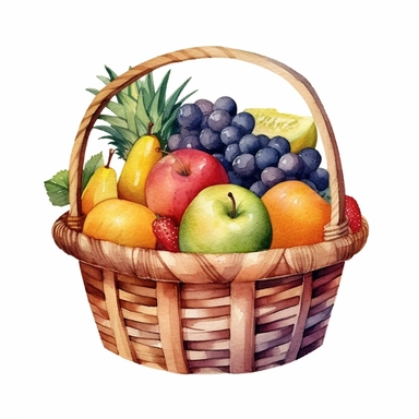 watercolor fruit basket clipart, white background, realistic with high details, beautifully colored with strong palette pastel colors, 32k hd, detailed quality