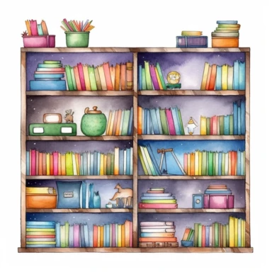 a bookshelve for classroom ,watercolor clipart, Cute kawaii , single object, illustration by katie daisy style,png transparent,white background for removing background - - no text shadow font watermark