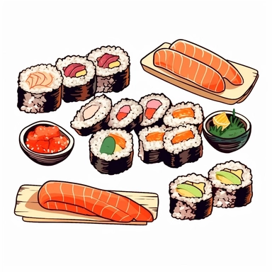 Envision a delightful hand-drawn clipart featuring a sushi feast. The sushi rolls are rich in color and detail: a vivid tuna roll, a beautifully textured eel nigiri, and a classic California roll. Each piece is carefully illustrated to bring out its unique features. A small pot of wasabi and pickled ginger add to the overall aesthetic. The entire image is presented on a contrasting white background, making the vibrant sushi rolls stand out even more.