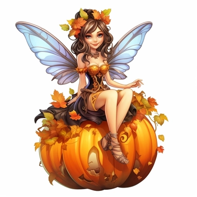 a beautiful smiling fairy girl sitting on a happy big jackolantern pumpkin in a pumpkin patch, highly detailed dress, big fairy wings, pixar style, full body image, clipart, white background, Sticker, Cutline, Vector, White Background