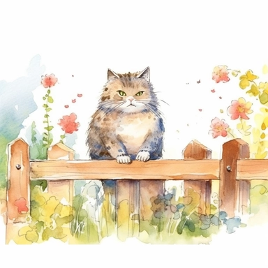 chubby happy cat on fence garden background watercolour clipart ~~ar 9:8