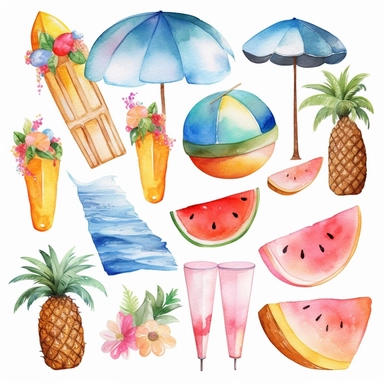 Beautiful summer items clipart set isolated on white. summer clipart, watercolor summer clipart, Summer Clip Art, palm trees, ice-cream, watermelon, drinks, beach, sea