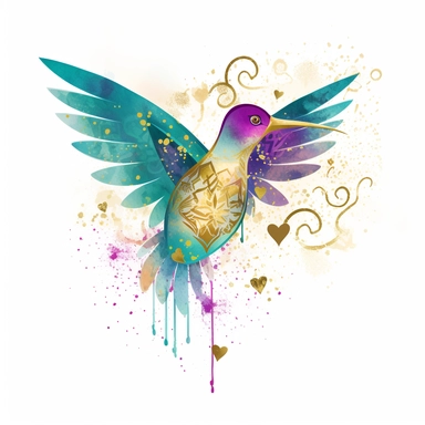 large cute whimsical clipart of a magical hummingbird with an abstract hearts around it , magenta, turquoise, golds, surrounded by gold sparkle, watercolor, vector, white background, no words, no watermarks