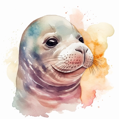 please create watercolor clipart of a baby elephant seal facing to the right and smiling, face close view, colorful