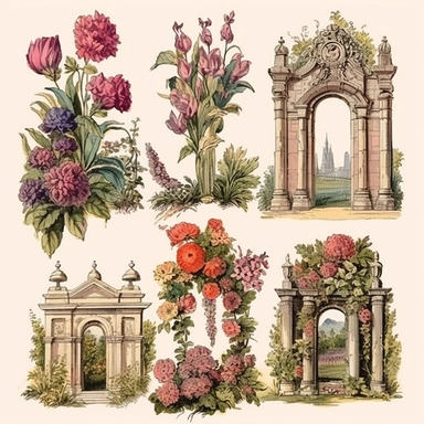 vintage 1700s watercolor heirloom garden type pics, clipart, Very antique gardenesque! classy, with negattive space, dreamy,